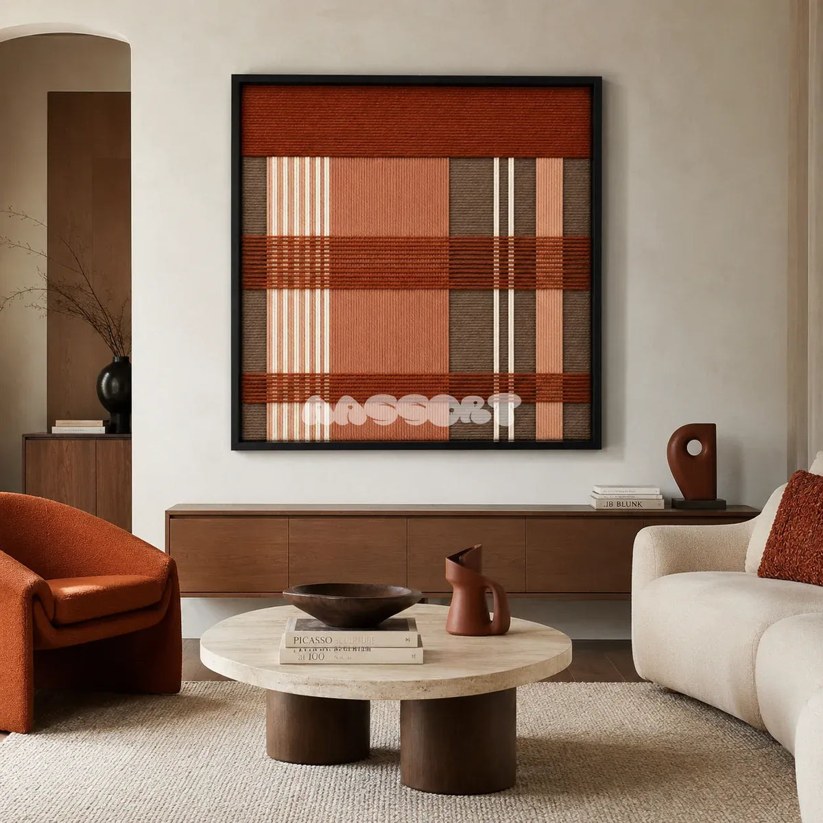 Tuscan Plaid SQ138 framed textile art with rustic terracotta, warm taupe, peach beige, and cream geometric yarn.