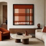 Tuscan Plaid SQ138 framed textile art with rustic terracotta, warm taupe, peach beige, and cream geometric yarn.