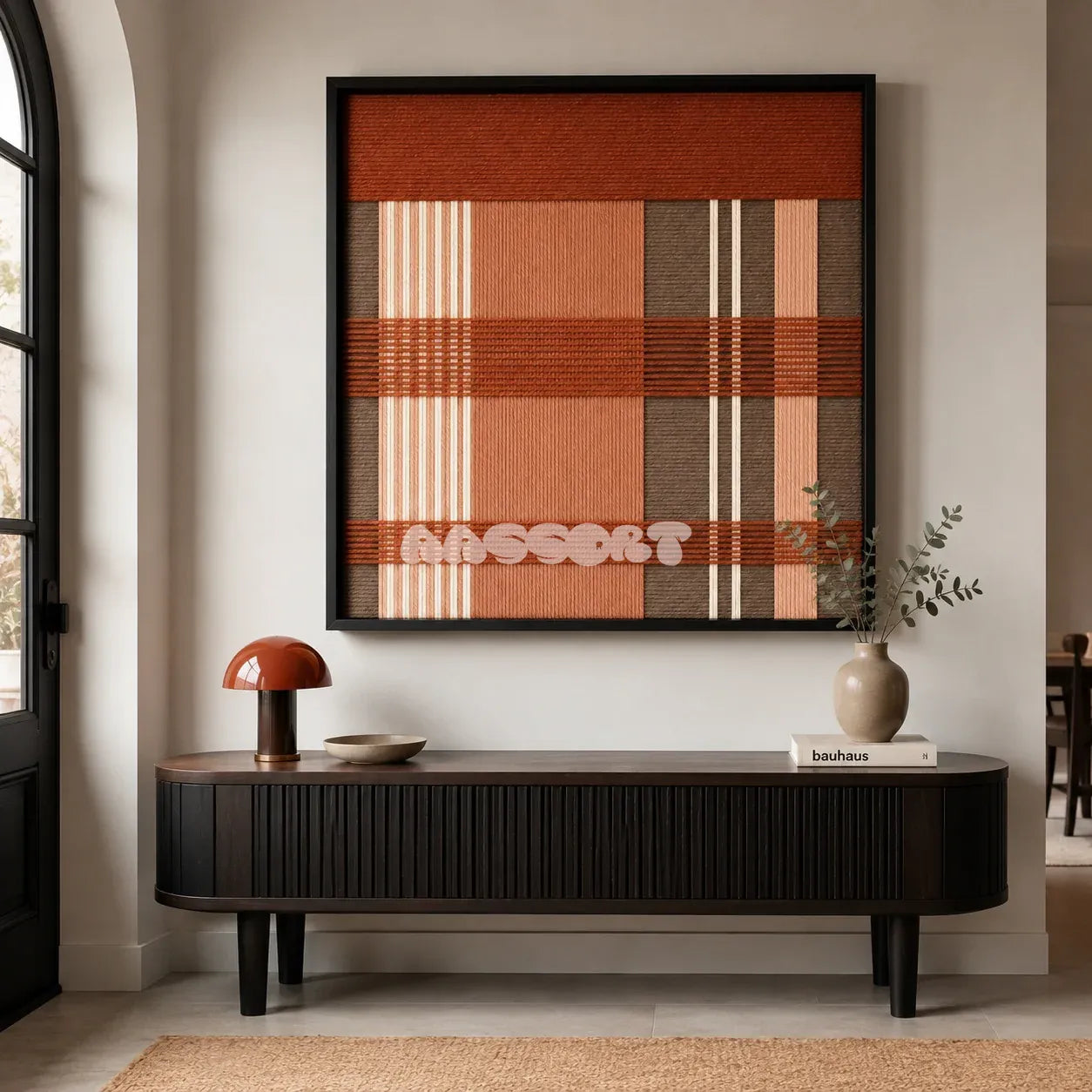 Tuscan Plaid SQ138 framed yarn wall art featuring terracotta horizontal bands over taupe, beige, and cream stripes.