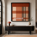 Tuscan Plaid SQ138 framed yarn wall art featuring terracotta horizontal bands over taupe, beige, and cream stripes.