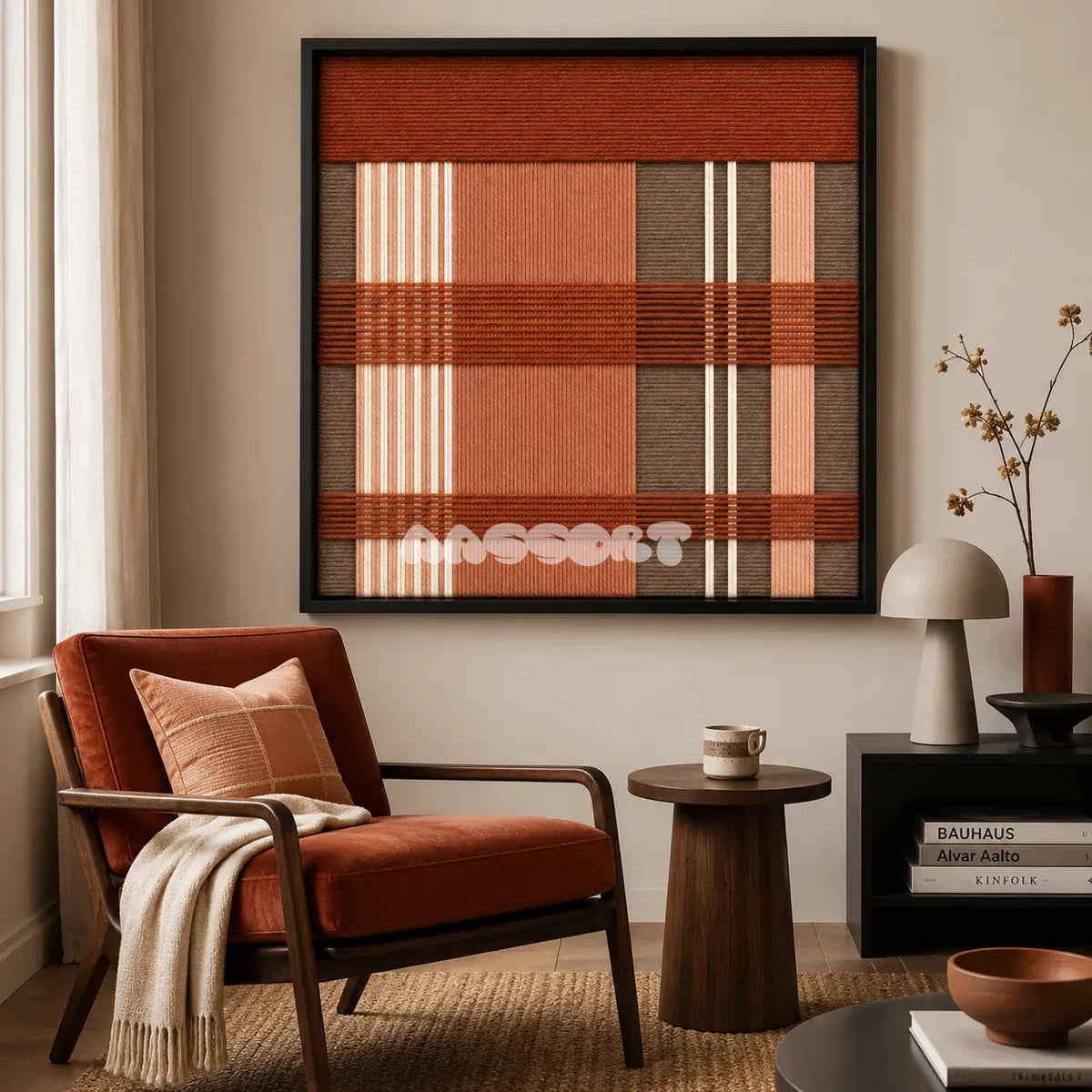 Tuscan Plaid SQ138 contemporary fiber wall art with terracotta, warm taupe, peach beige, and cream geometry.