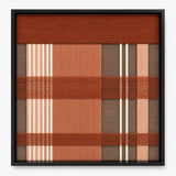 Front view of Tuscan Plaid SQ138 terracotta, rust, brown, beige, and cream geometric yarn wall art in a black frame.