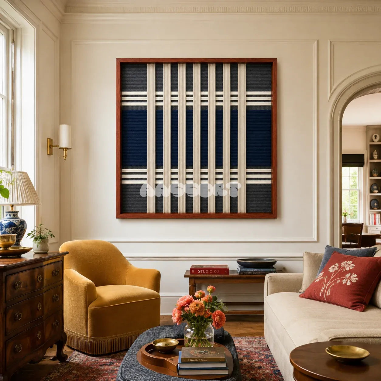 Polar Meridian SQ139 framed textile art with deep navy, dark slate grey, and six creamy white geometric pillars.