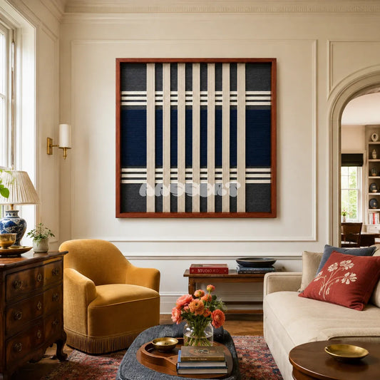 Polar Meridian SQ139 framed textile art with deep navy, dark slate grey, and six creamy white geometric pillars.
