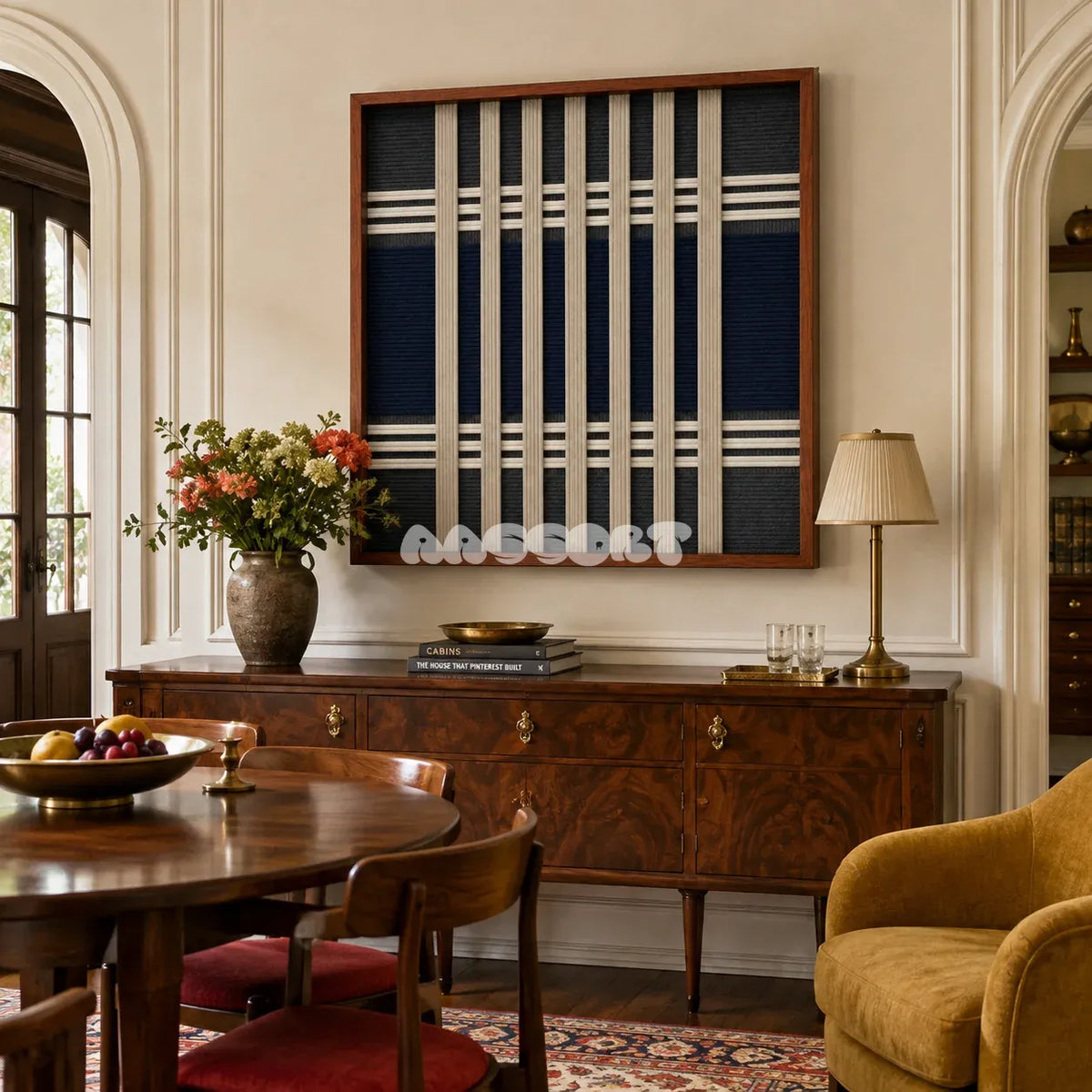 Polar Meridian SQ139 structured geometric textile artwork displayed as a serene modern interior statement piece.