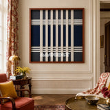 Polar Meridian SQ139 contemporary fiber wall art with deep navy, dark slate grey, and creamy white geometry.