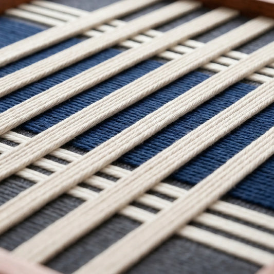 Low-angle close-up of Polar Meridian SQ139 highlighting dimensional creamy white, navy, and slate grey yarn texture.