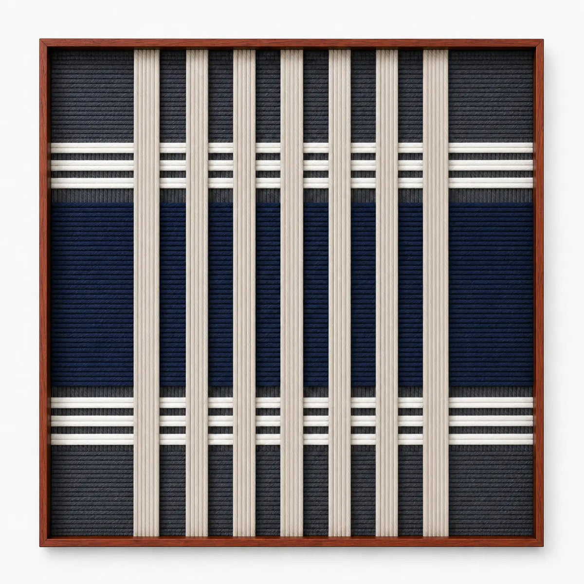 Front view of Polar Meridian SQ139 navy, slate grey, and white geometric yarn wall art in a frame.