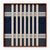 Front view of Polar Meridian SQ139 navy, slate grey, and white geometric yarn wall art in a frame.