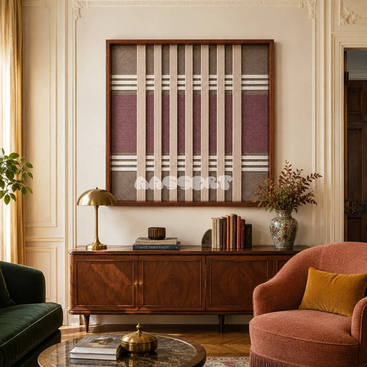Dusty Tones SQ140 framed textile art with dusty mauve, warm taupe, and creamy white architectural yarn geometry.