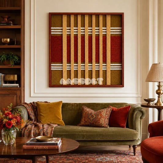 Gilded Coronation SQ141 framed textile art with deep crimson, golden amber, golden beige, and white architectural yarn.
