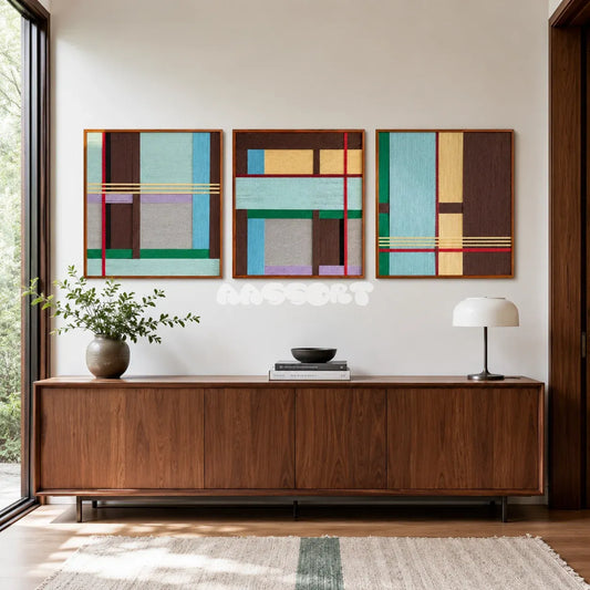 Rhythms of Silence SQ142 framed geometric textile art displayed in a contemporary home interior.