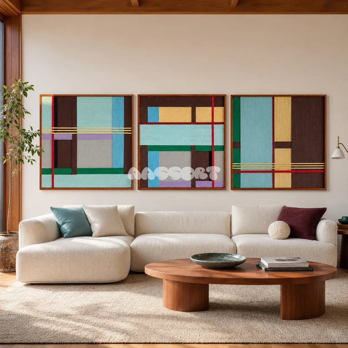 Rhythms of Silence SQ142 geometric textile wall art displayed in a calm and sophisticated interior.