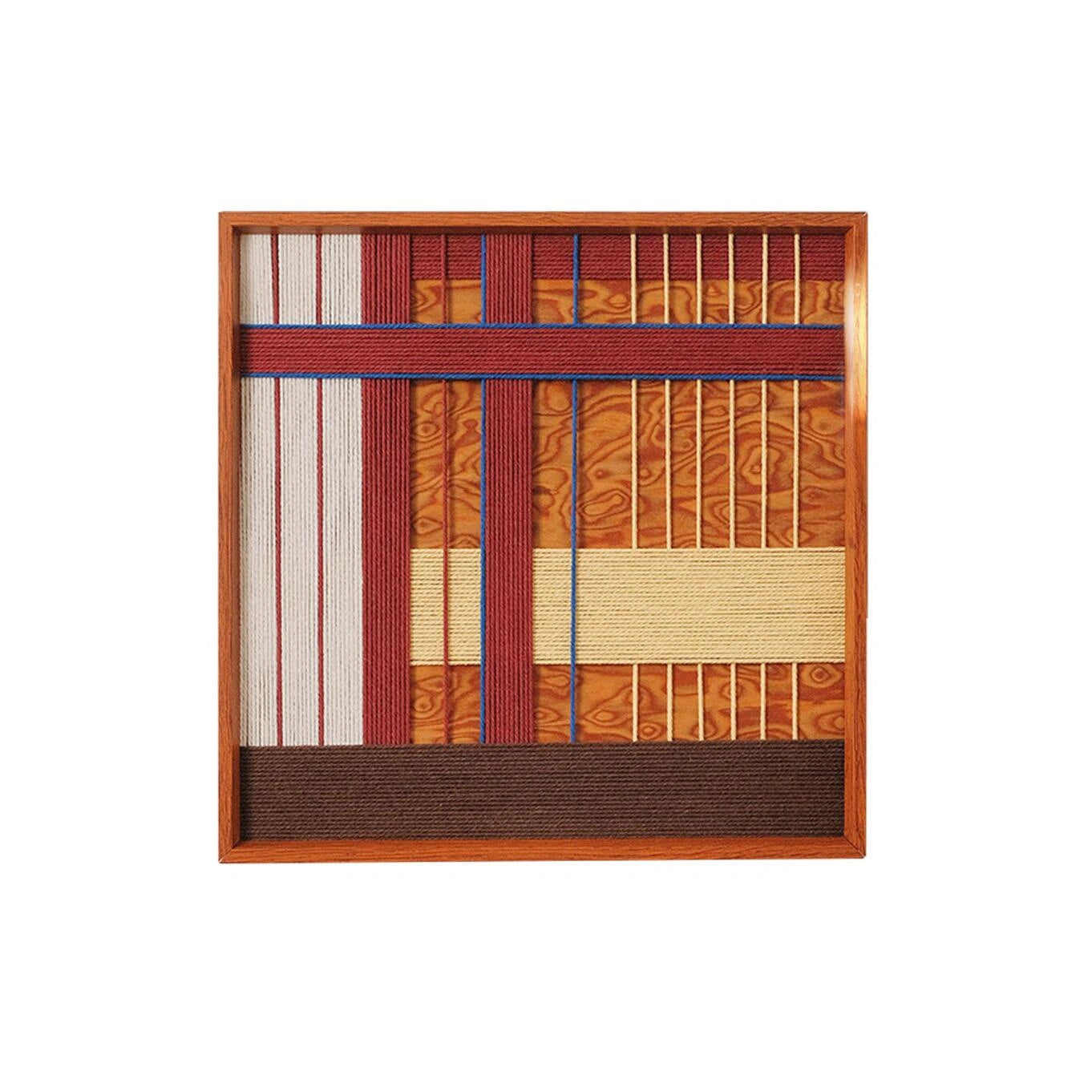 Front view of a Festive Harmony SQ143 variation with a complex grid of red, orange, and blue soft cotton cord.