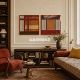 Festive Harmony SQ143 framed geometric textile art with navy blue, creamy yellow, and vibrant red yarn.