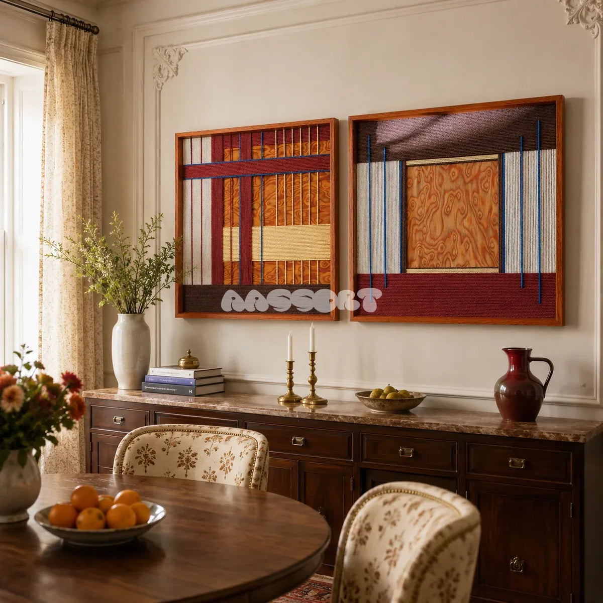 Festive Harmony SQ143 bold soft cotton cord fiber artwork displayed in a contemporary home interior.