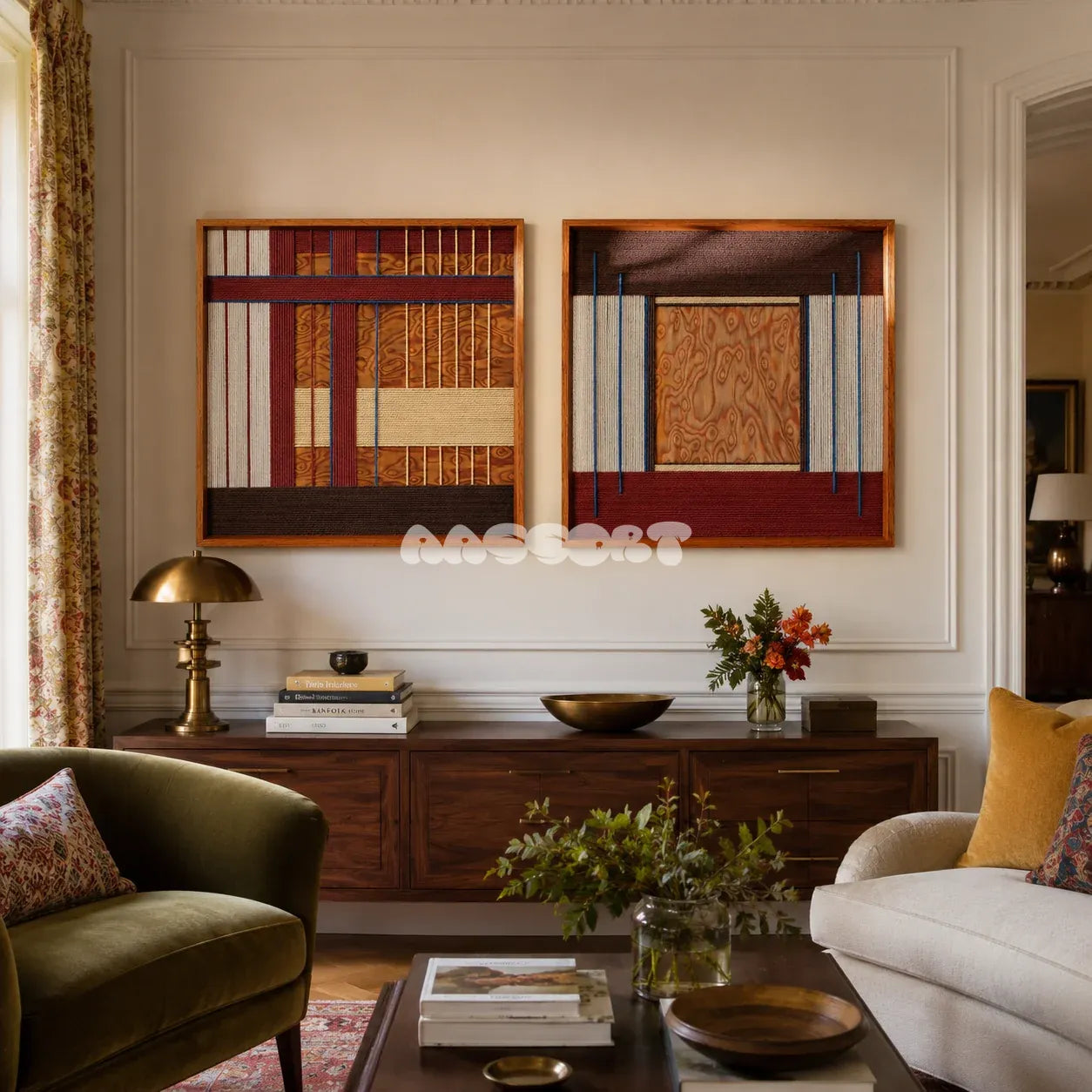 Festive Harmony SQ143 framed fiber wall art featuring strong vertical stripes and primary color contrasts.