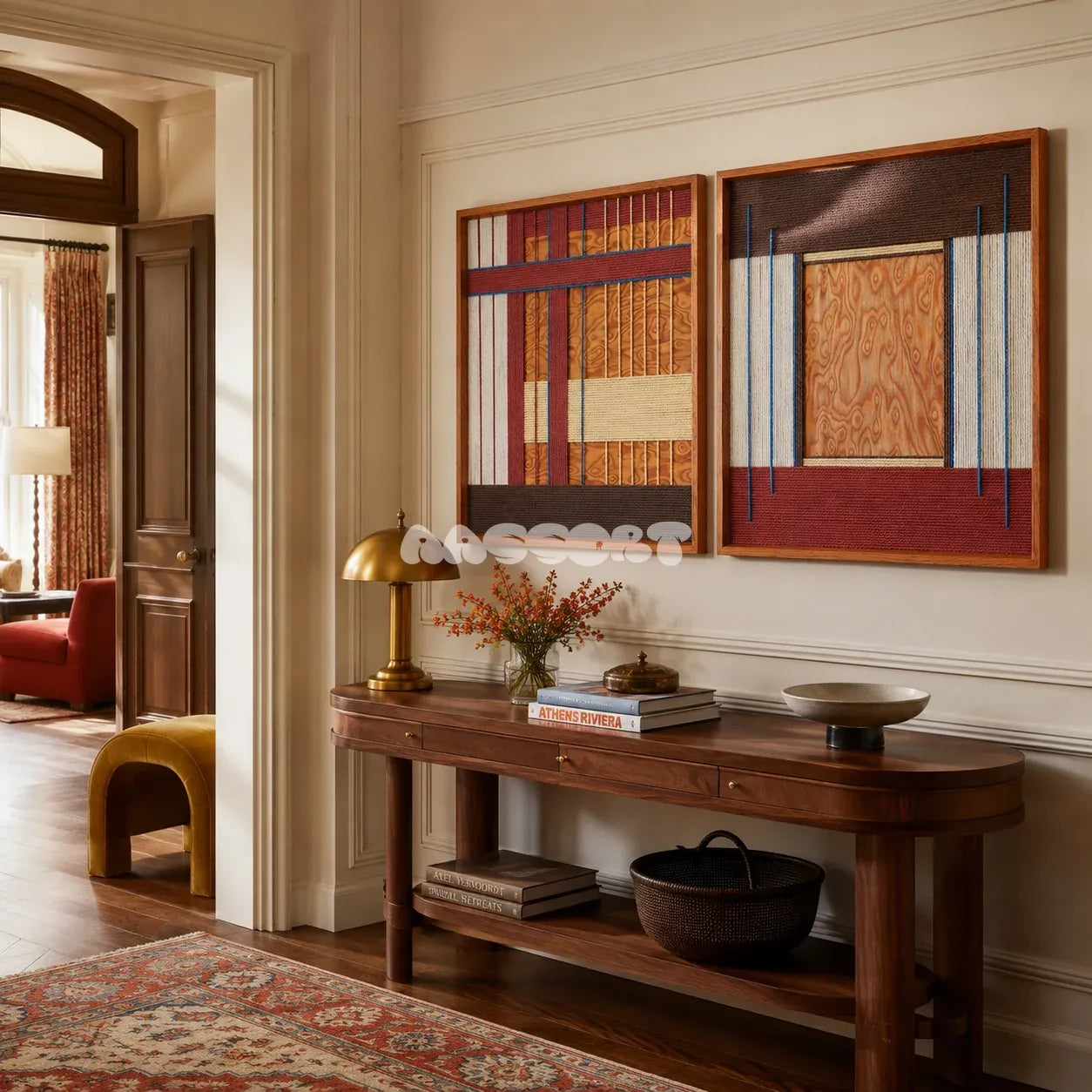 Festive Harmony SQ143 contemporary fiber wall art with vivid red, blue, yellow, and cream geometric details.