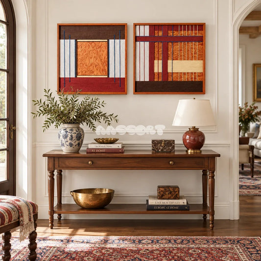 Festive Harmony navy blue, creamy yellow, and red textile wall art displayed in a bold modern interior.