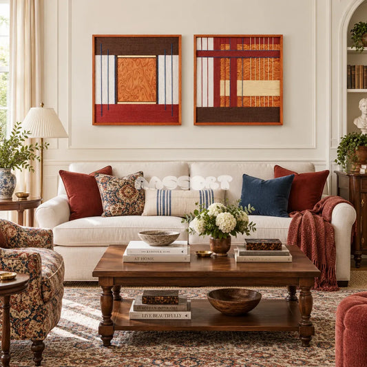 Festive Harmony hand-wrapped cotton cord artwork styled as an energetic focal point in a contemporary home.