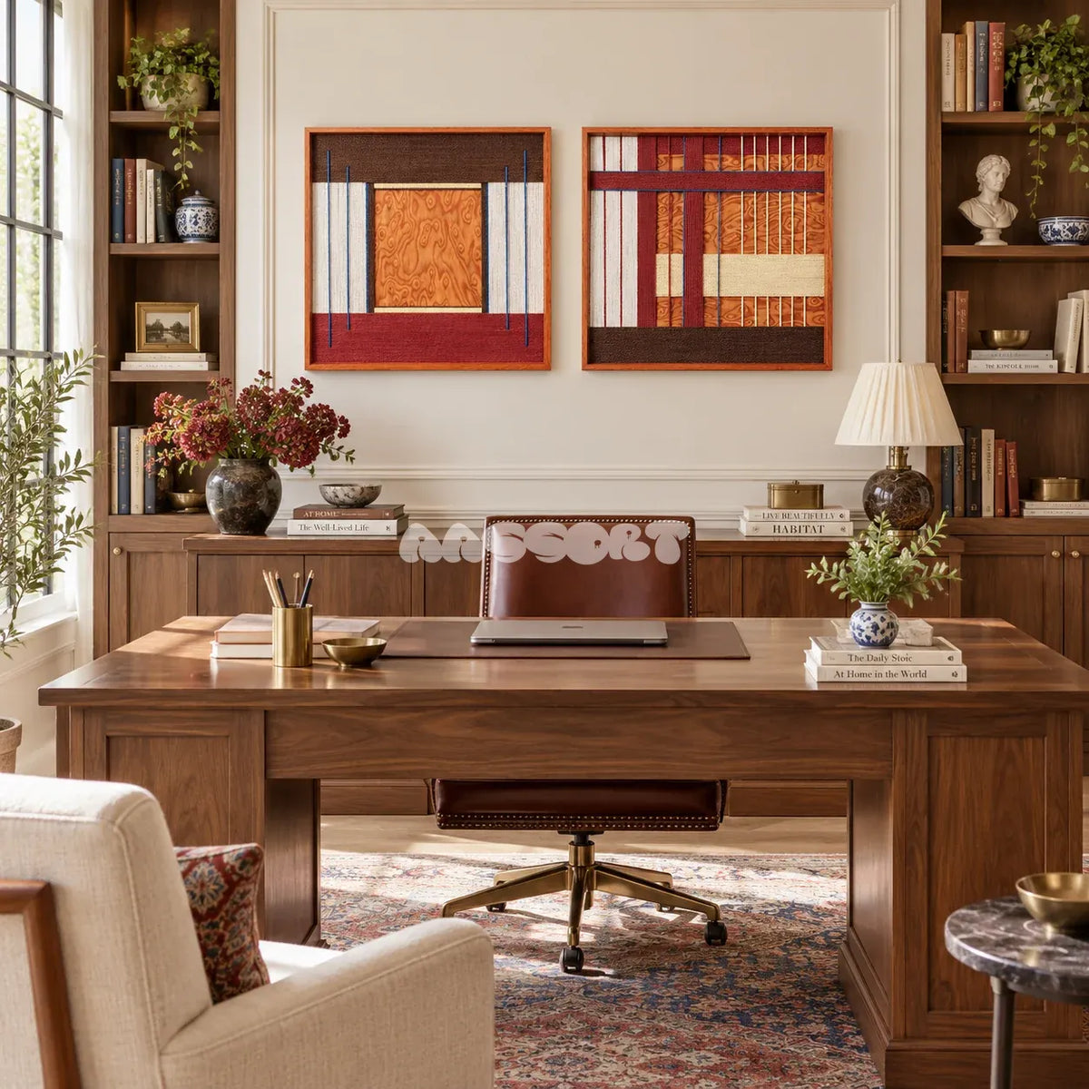 Festive Harmony tactile fiber wall decor bringing primary color contrast and vertical rhythm to a modern interior.