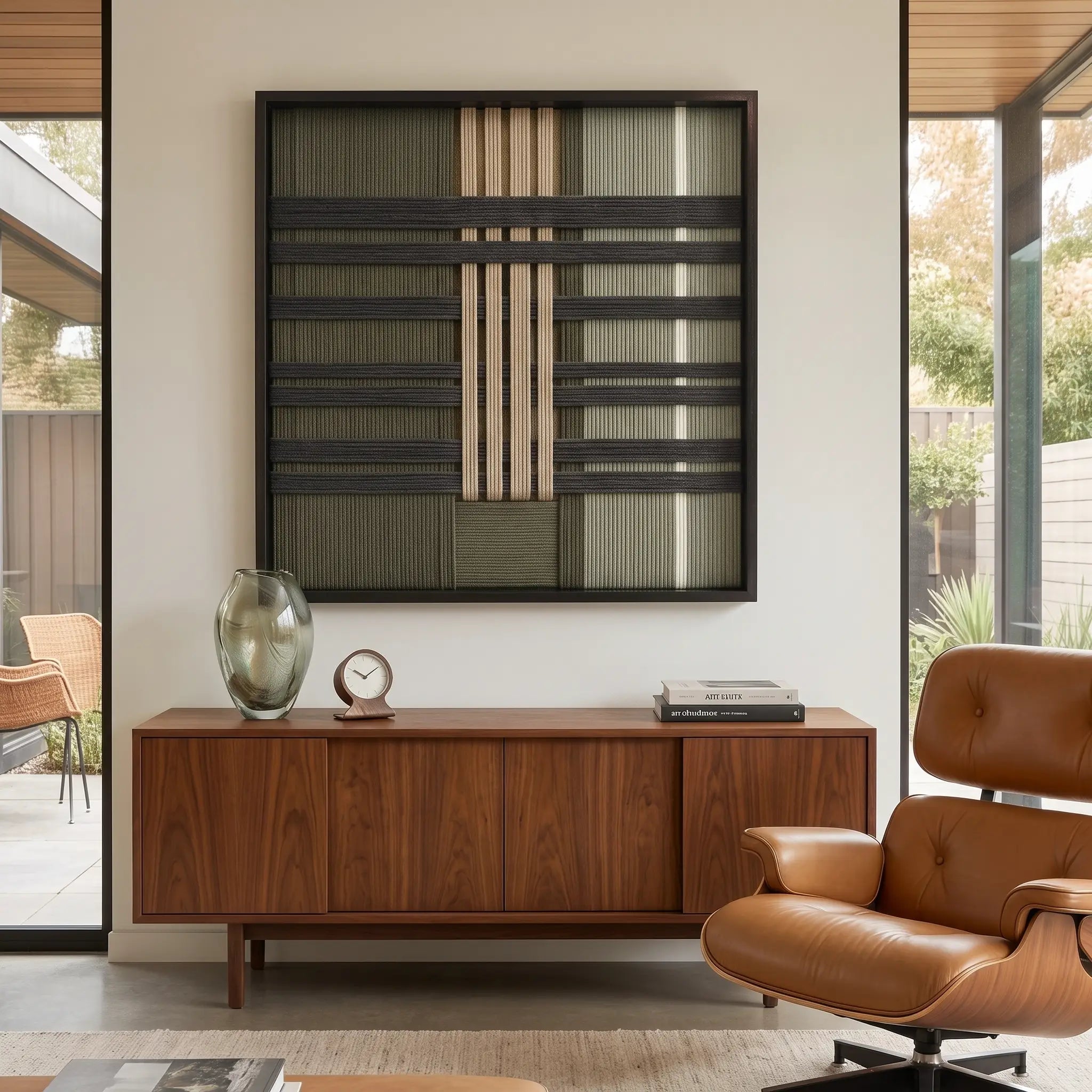 Verdant Silence SQ144 textile wall art displayed above a wood credenza near a tan leather lounge chair.