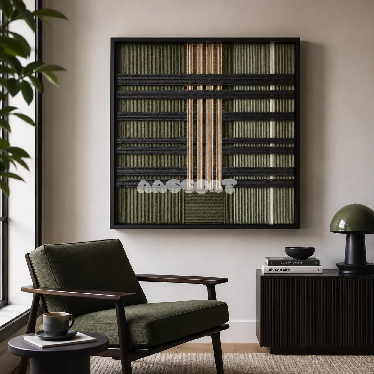 Verdant Silence SQ144 framed textile art with sage green, charcoal grey, warm beige, and white architectural yarn.