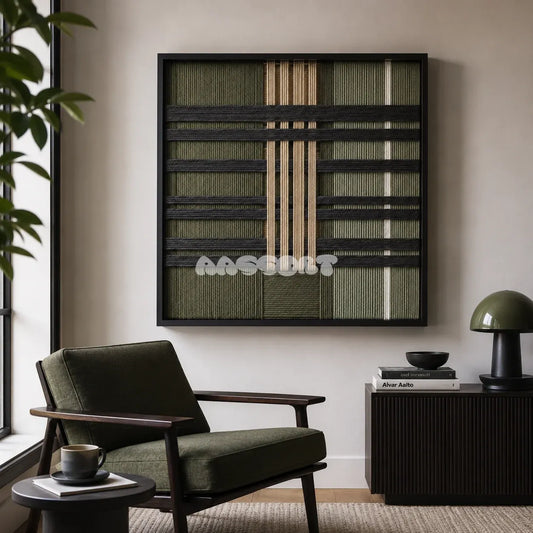 Verdant Silence SQ144 framed textile art with sage green, charcoal grey, warm beige, and white architectural yarn.