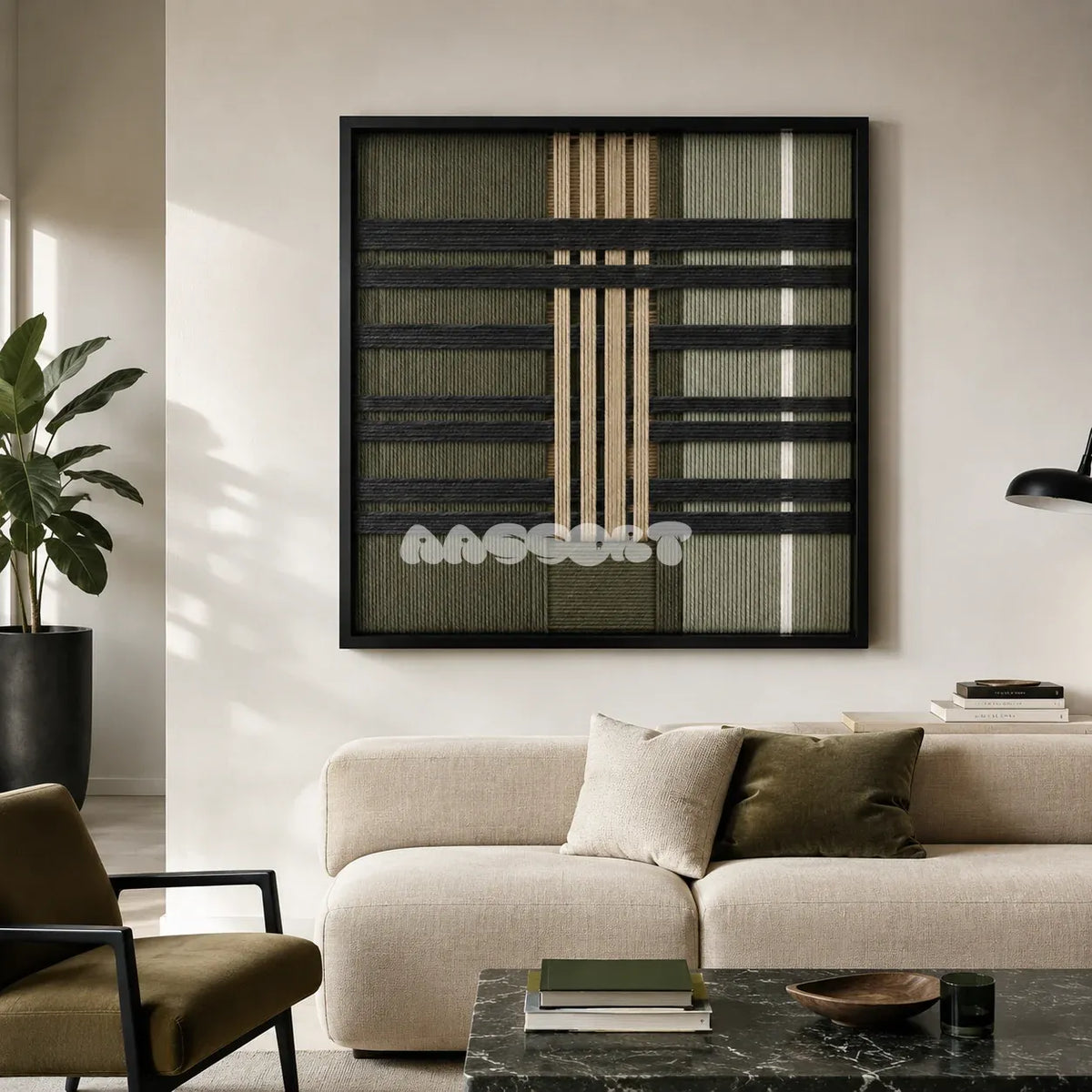 Verdant Silence SQ144 botanical geometric textile artwork displayed as a grounded modern interior statement piece.
