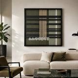 Verdant Silence SQ144 botanical geometric textile artwork displayed as a grounded modern interior statement piece.