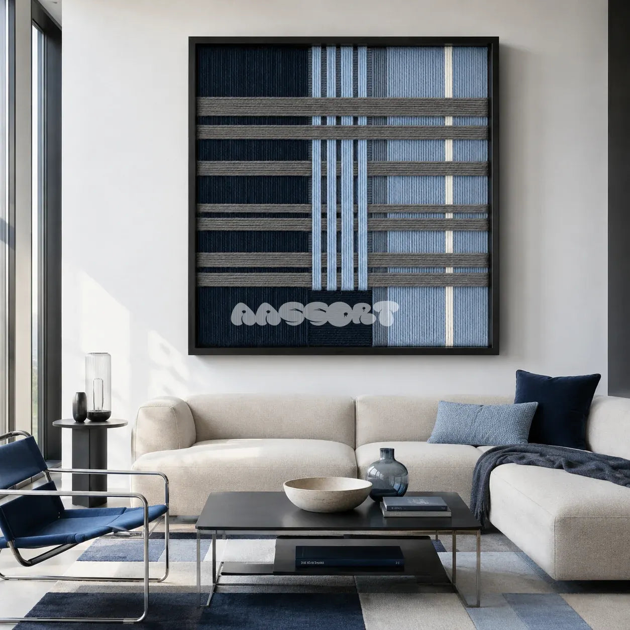 Starry Latitude SQ145 framed yarn wall art featuring structured navy, blue, and cream geometric forms.