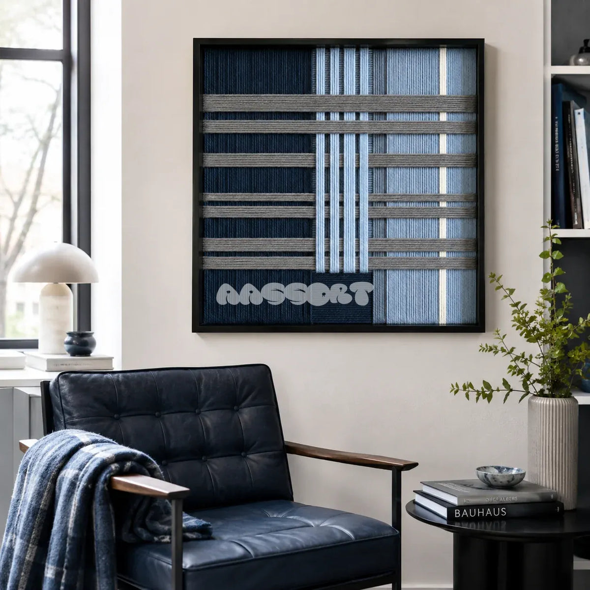 Starry Latitude SQ145 geometric textile artwork displayed as a serene modern interior statement piece.