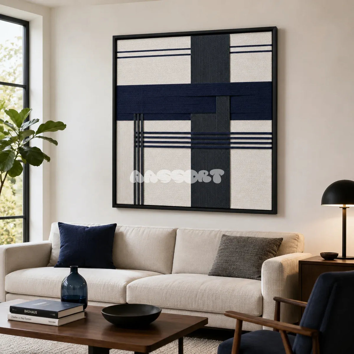 Midnight Axis SQ146 framed textile art with deep navy, charcoal, and white architectural yarn geometry.