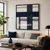 Midnight Axis SQ146 framed textile art with deep navy, charcoal, and white architectural yarn geometry.
