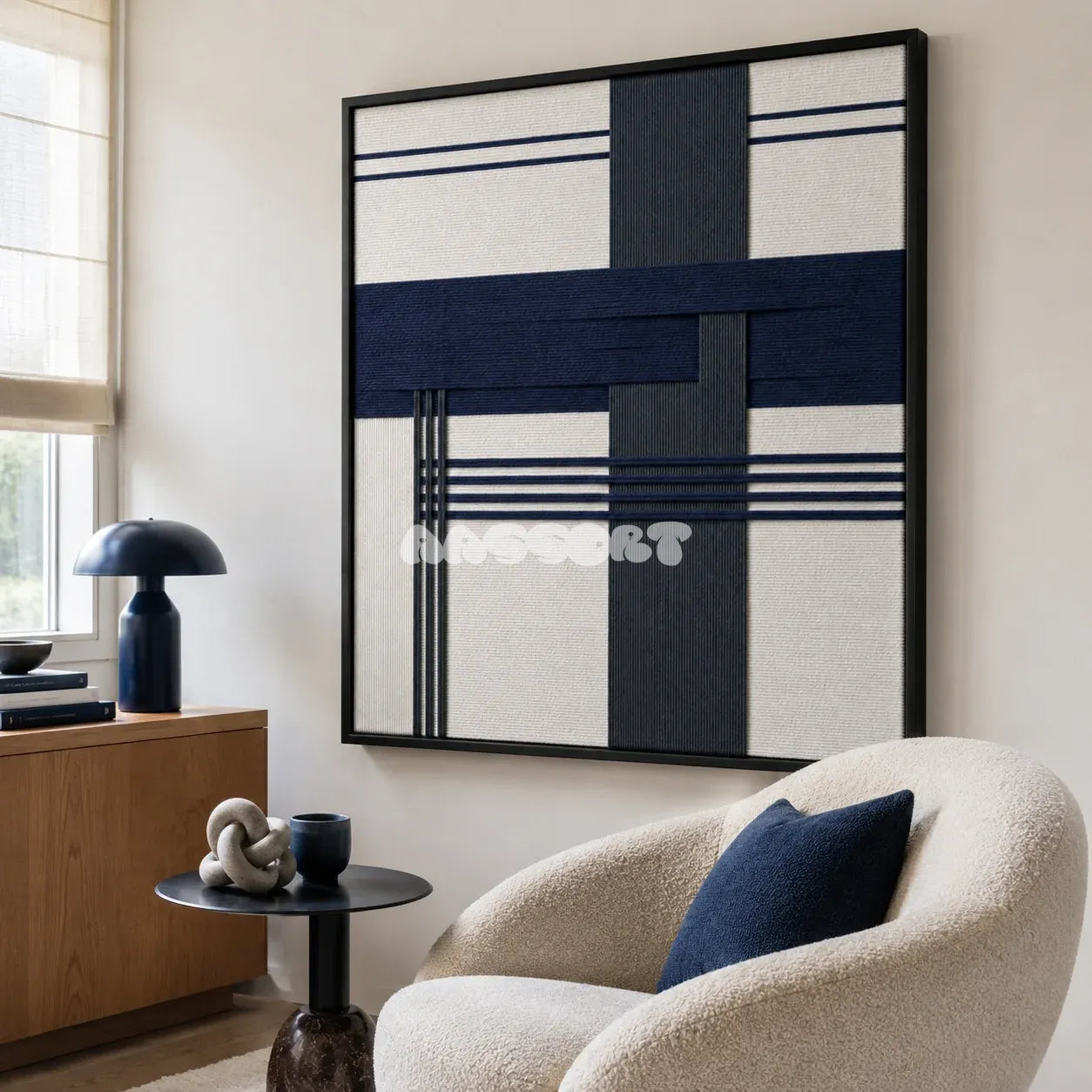 Midnight Axis SQ146 framed yarn wall art featuring bold intersecting navy and charcoal bands on white.