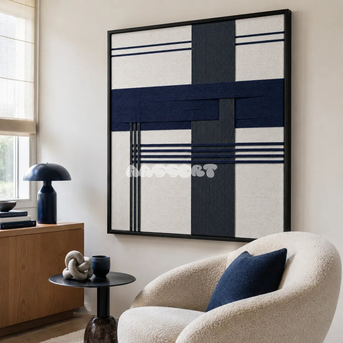 Midnight Axis SQ146 framed yarn wall art featuring bold intersecting navy and charcoal bands on white.