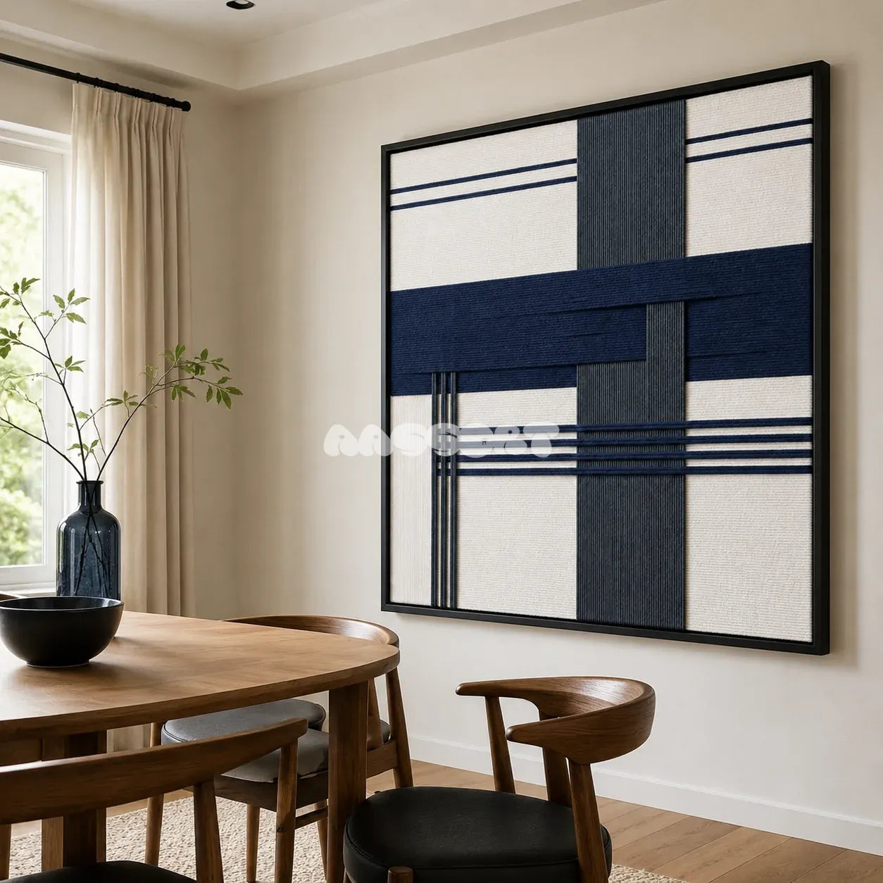 Midnight Axis SQ146 contemporary fiber wall art with deep navy, charcoal, and crisp white geometry.