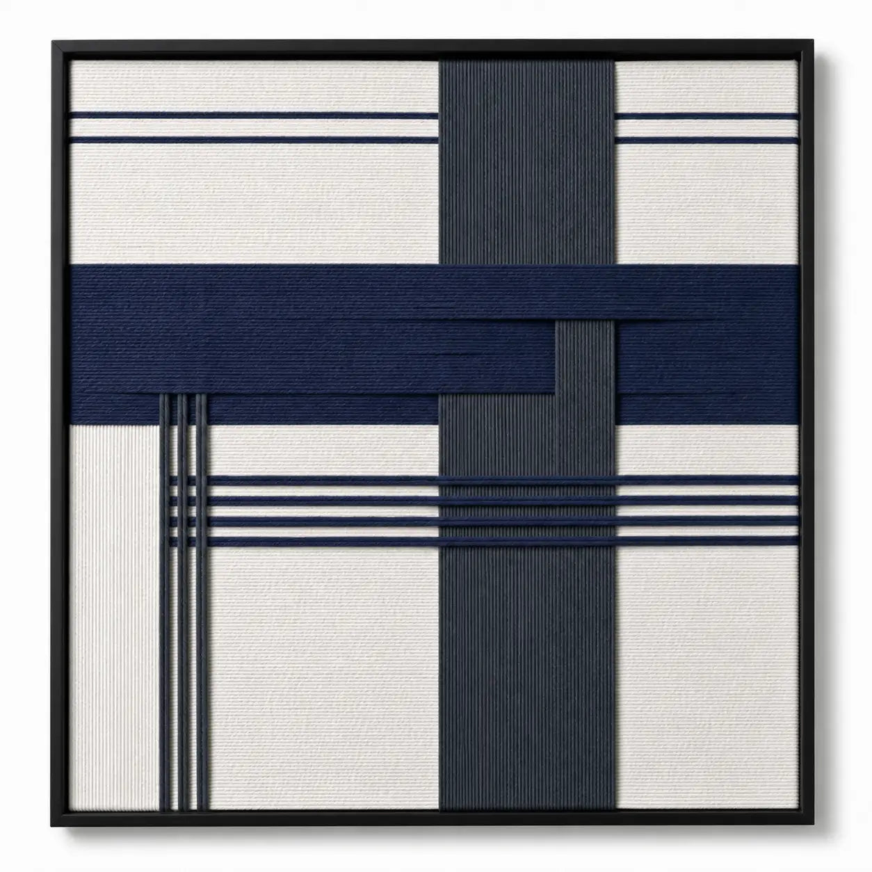 Front view of Midnight Axis SQ146 navy, charcoal, and white geometric yarn wall art in a frame.