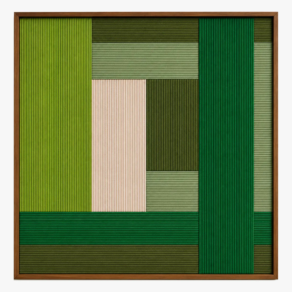 Front view of Garden Grid SQ148 layered lime, forest, sage, and cream geometric yarn wall art.
