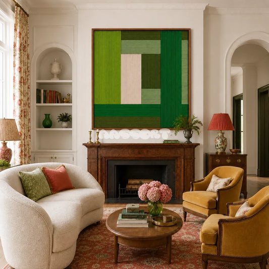 Garden Grid SQ148 framed textile art with lime green, forest green, sage, and natural cream geometric yarn.