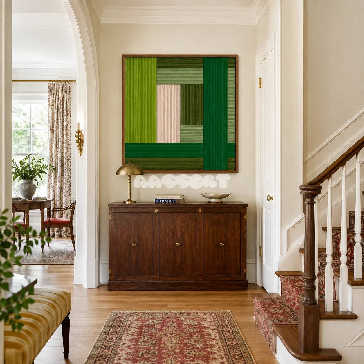 Garden Grid SQ148 framed yarn wall art featuring structured lime, forest, sage, and cream geometric blocks.