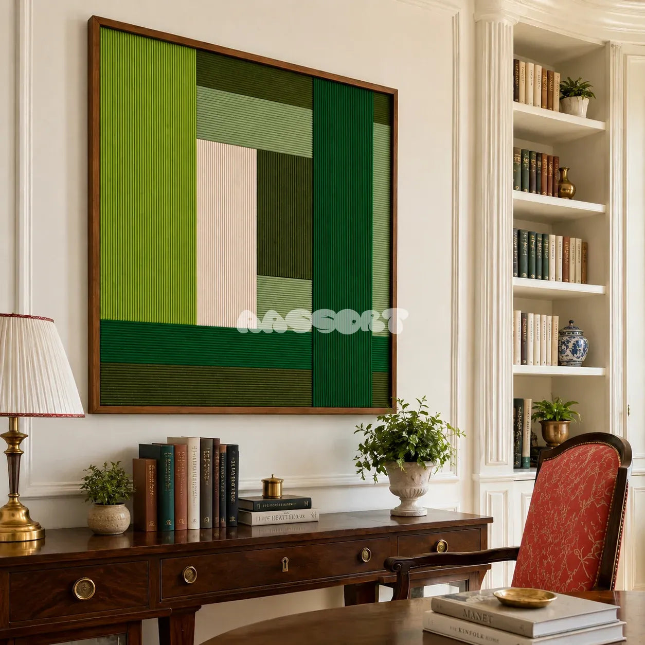 Garden Grid SQ148 contemporary fiber wall art with layered green and natural cream architectural geometry.