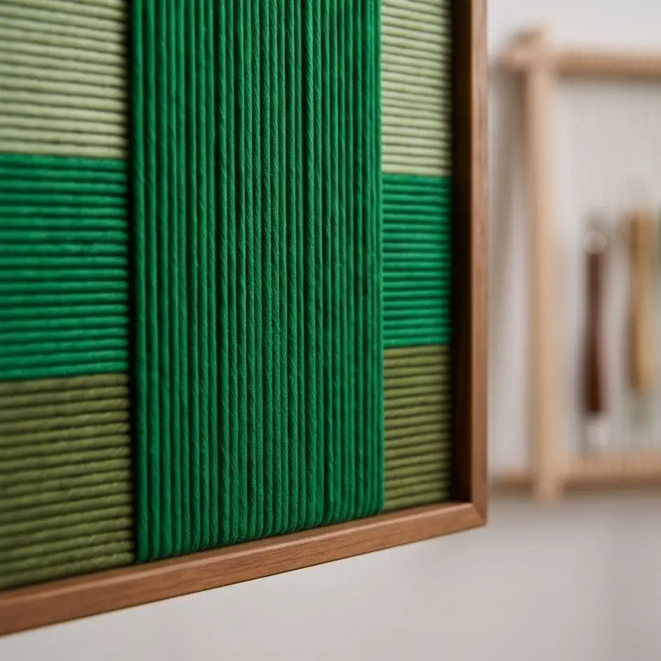 Side view of Garden Grid SQ148 showing dimensional woven yarn texture and the depth of its frame.