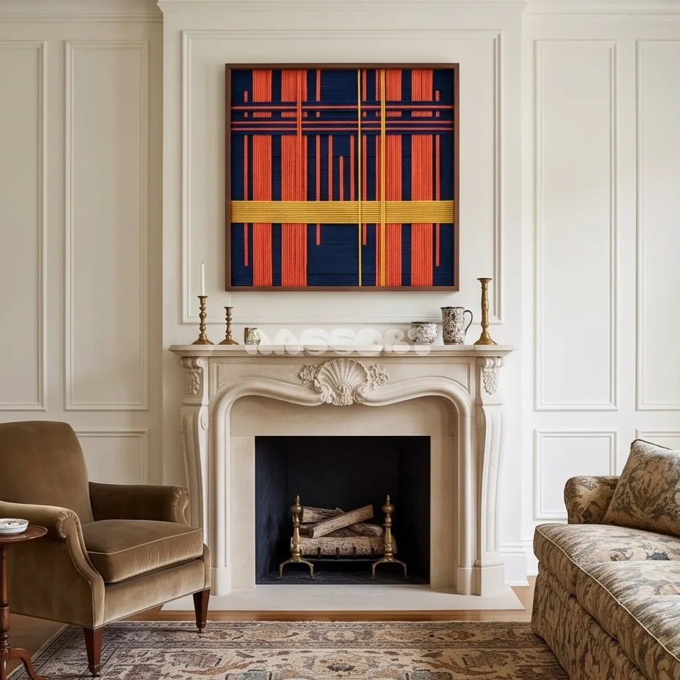 View of Constructed Mind framed textile wall art, featuring navy cotton cord with terracotta grid bands and a yellow vertical accent.