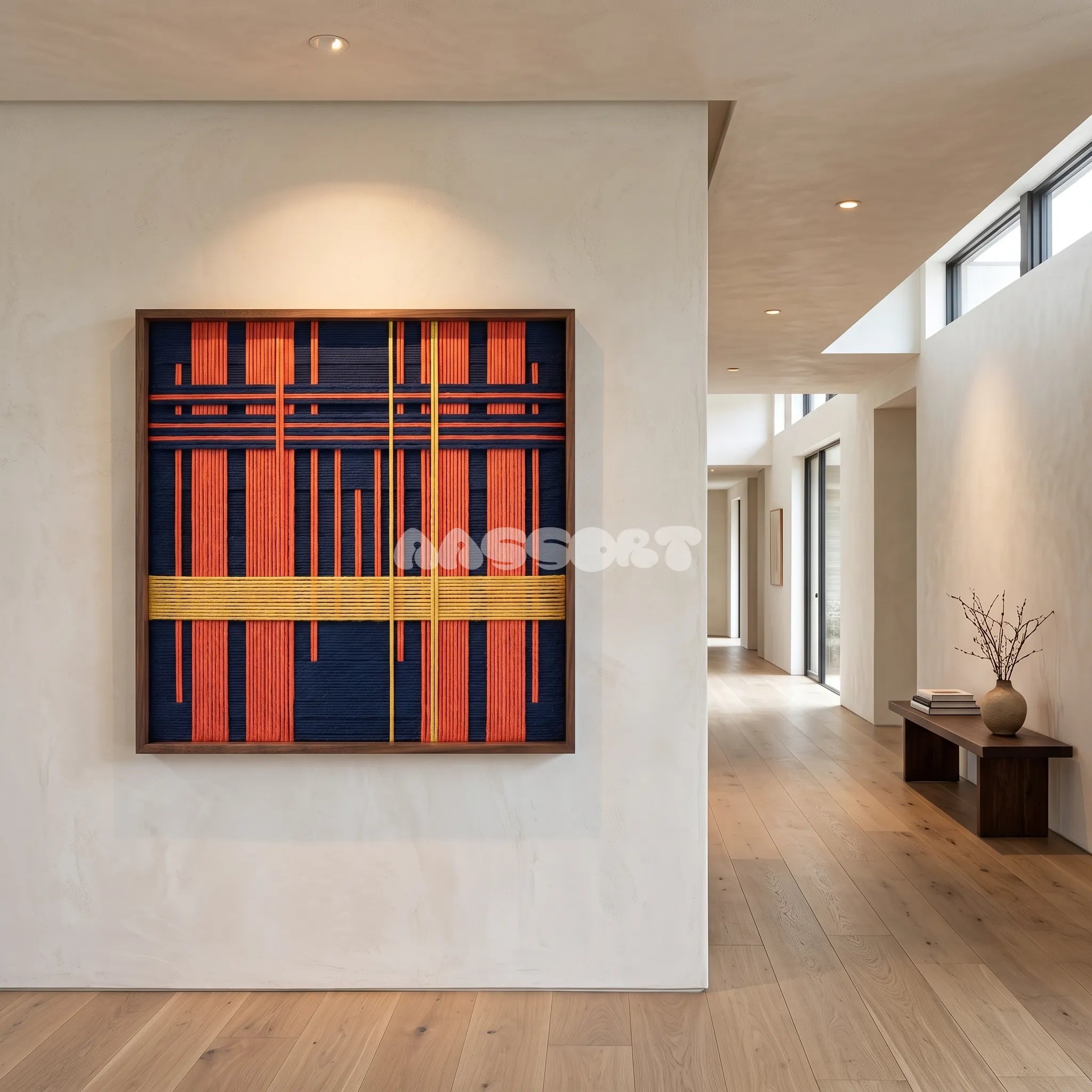 View of Constructed Mind framed textile wall art, featuring navy cotton cord with terracotta grid bands and a yellow vertical accent.
