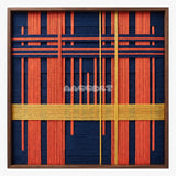 Constructed Mind framed textile wall art, featuring navy cotton cord with terracotta grid bands and a yellow vertical accent.