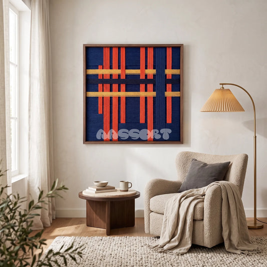 View of Silent Axis framed textile wall art, featuring navy, terracotta, and wheat yellow cotton cord arranged in an architectural grid.