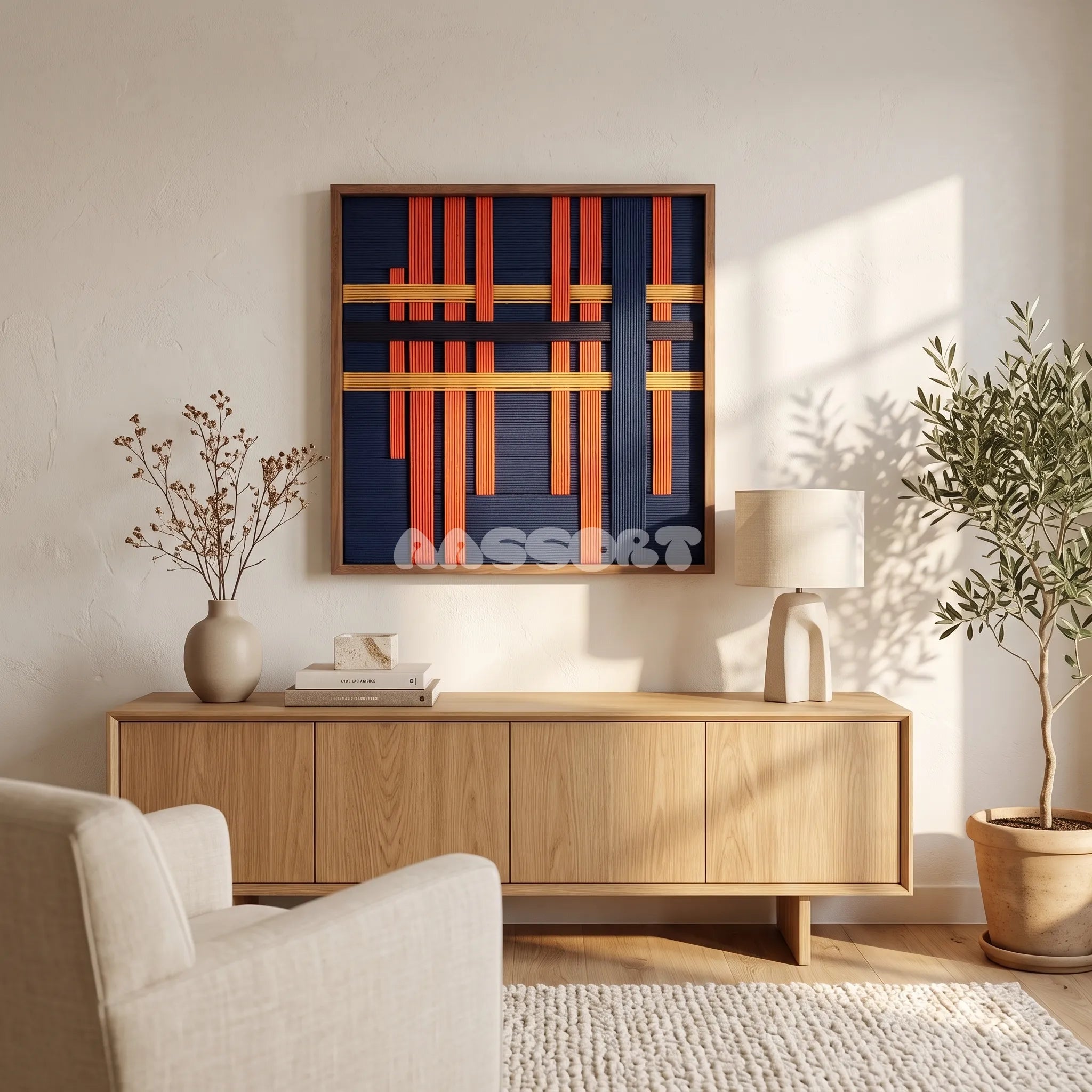 View of Silent Axis framed textile wall art, featuring navy, terracotta, and wheat yellow cotton cord arranged in an architectural grid.