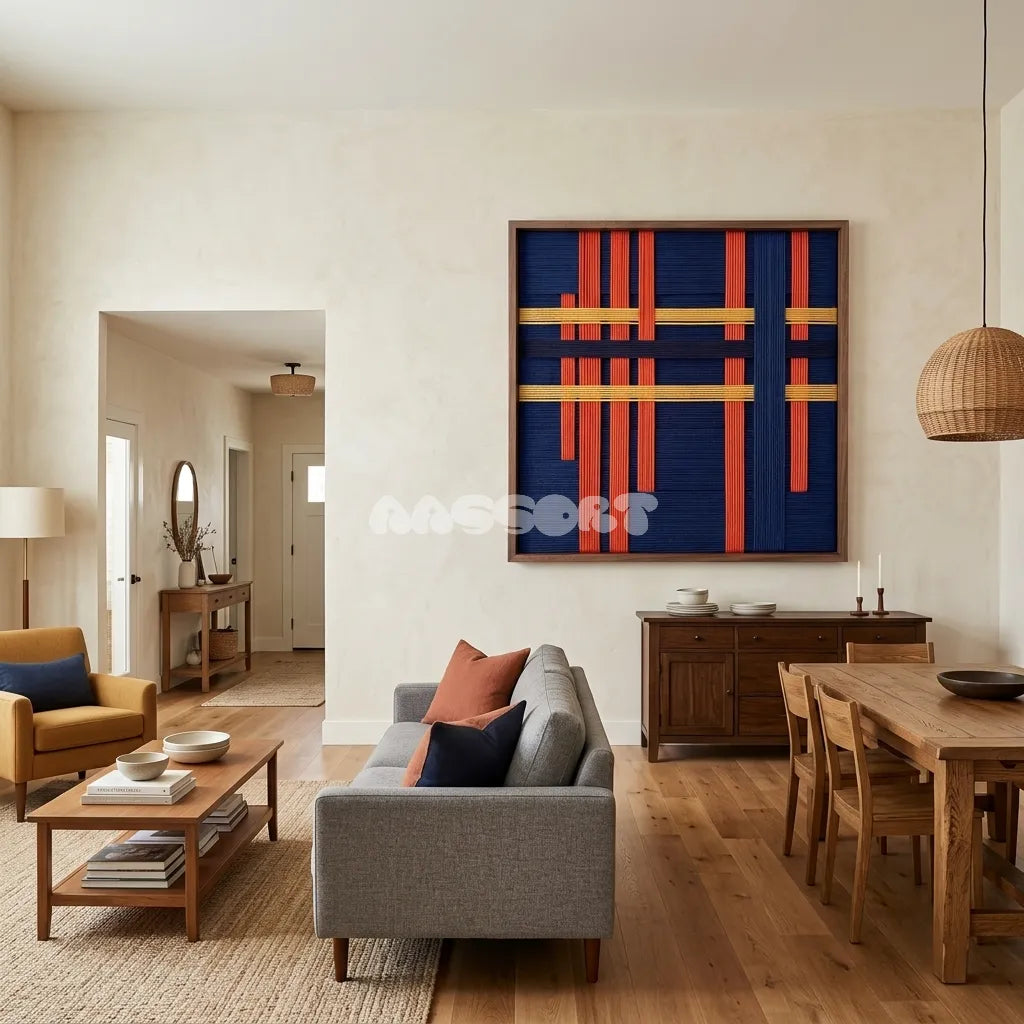 View of Silent Axis framed textile wall art, featuring navy, terracotta, and wheat yellow cotton cord arranged in an architectural grid.