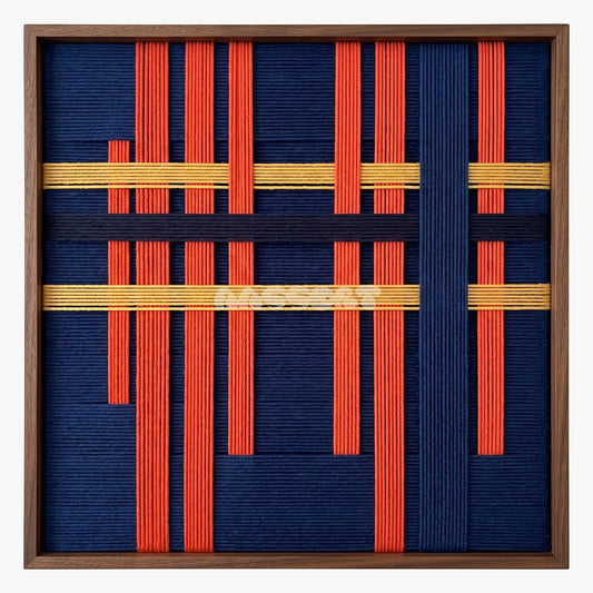 Silent Axis framed textile wall art, featuring navy, terracotta, and wheat yellow cotton cord arranged in an architectural grid.